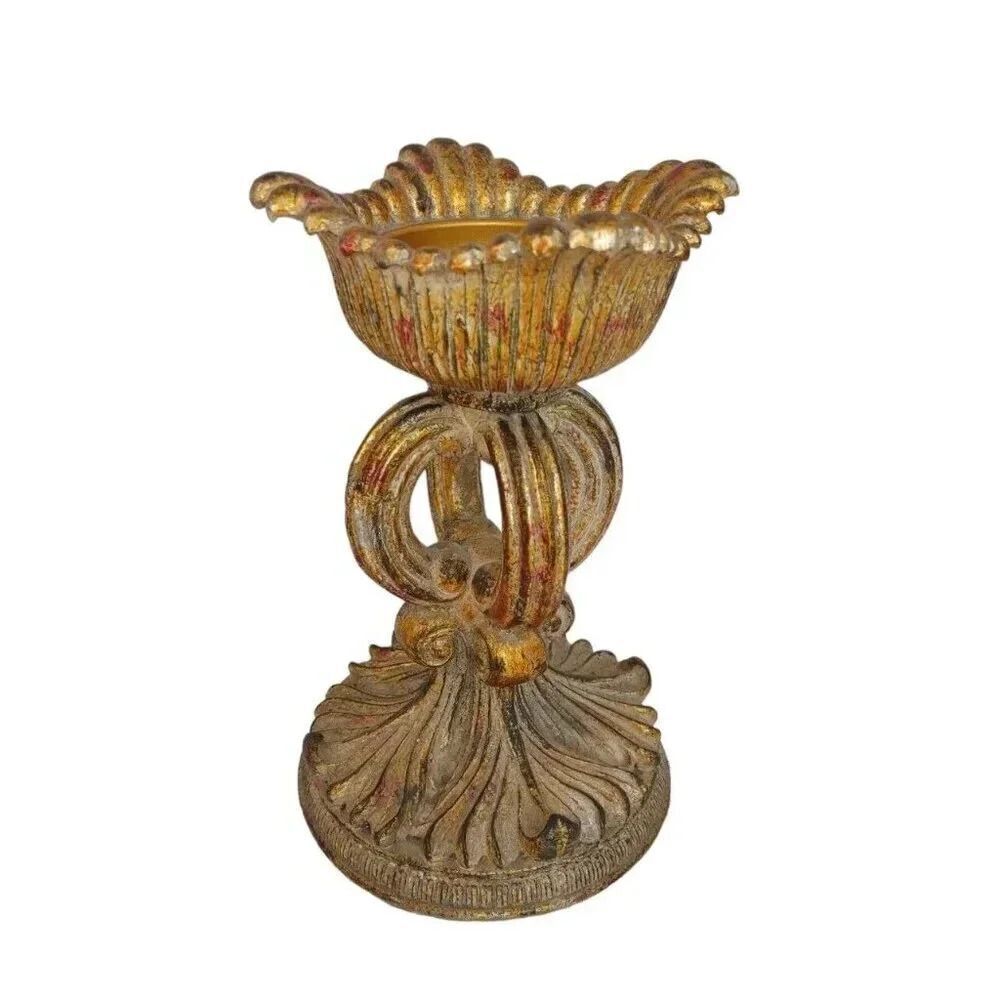 Distressed Pedestal Pillar Candle Holder Brown Brushed Gold Contemporary